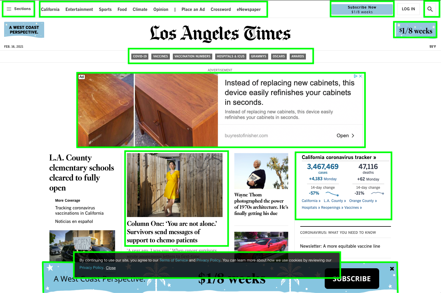 Los Angeles Time home page with component callouts Interface Guru sample UX report