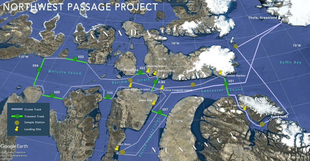 Arctic expedition map of Northwest Passage Project route and destinations. (Graphic: Inner Space Center/Northwest Passage Project.)