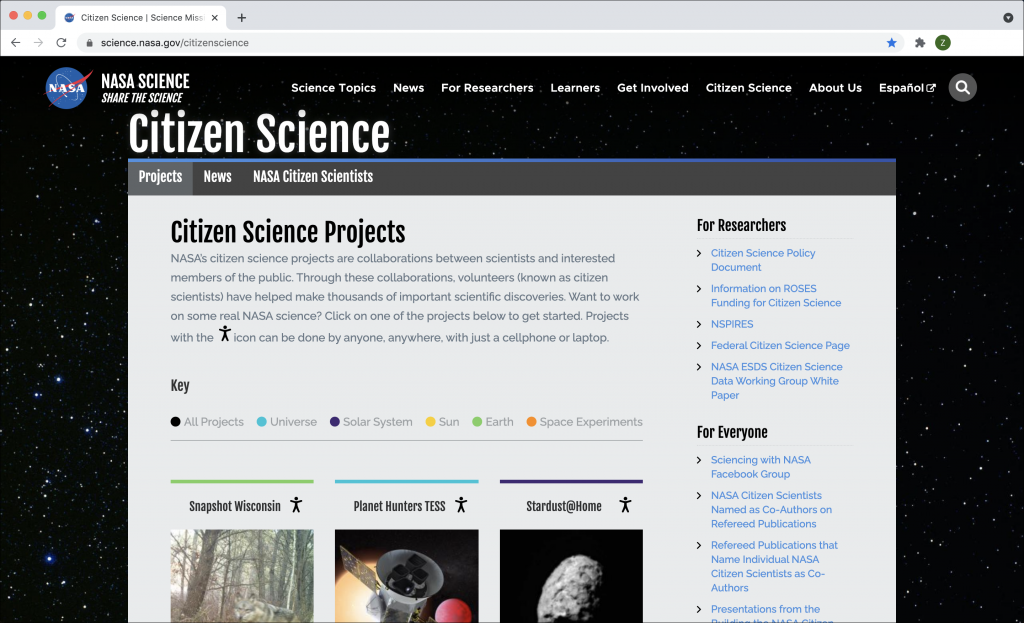 Screenshot of NASA's citizen science web site, which provides information on how to participate in citizen science projects