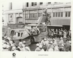 Publicity photo from 1973 film "Soylent Green" showing riot control scene